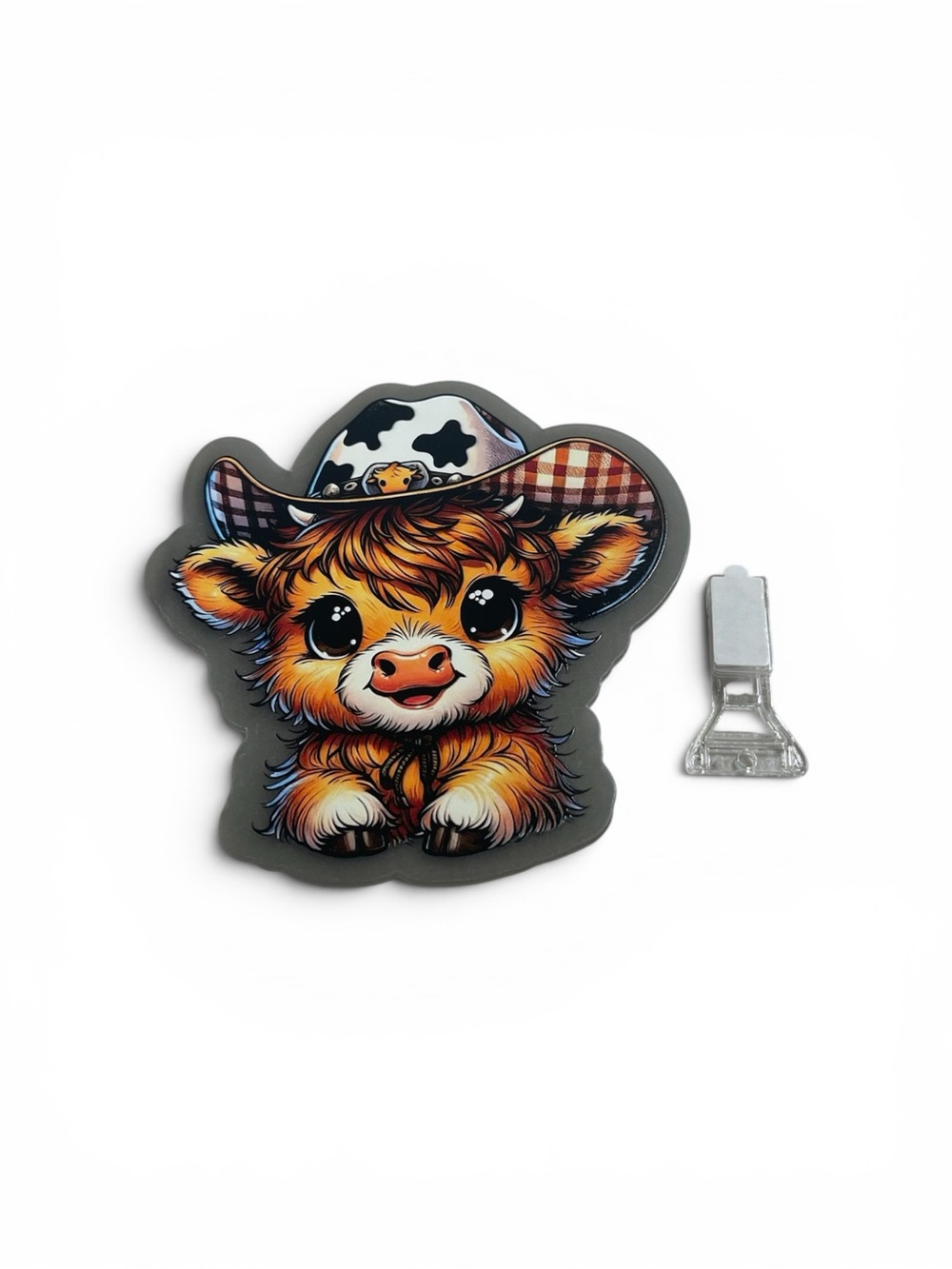Cute Highland Calf Hat Large Acrylic with included adhesive stand.